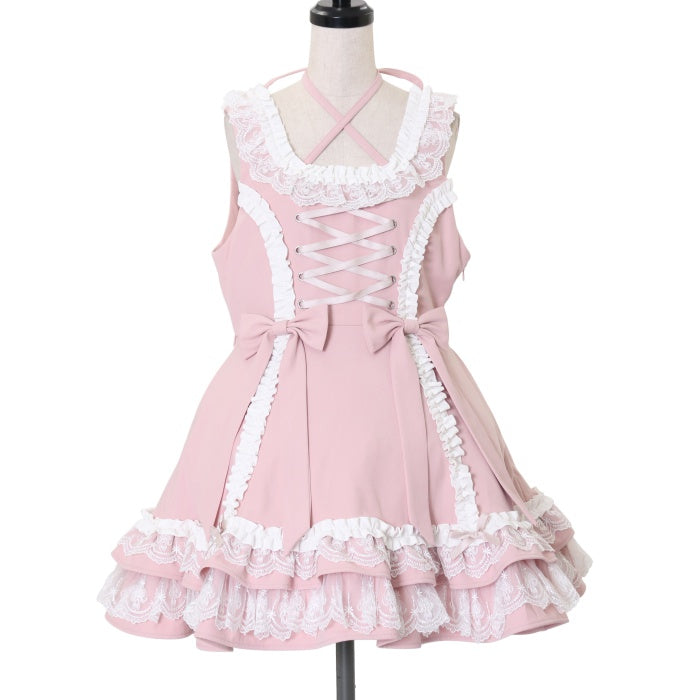 USED】【Mサイズ】レースアップジャンパースカート（ピンク×ホワイト