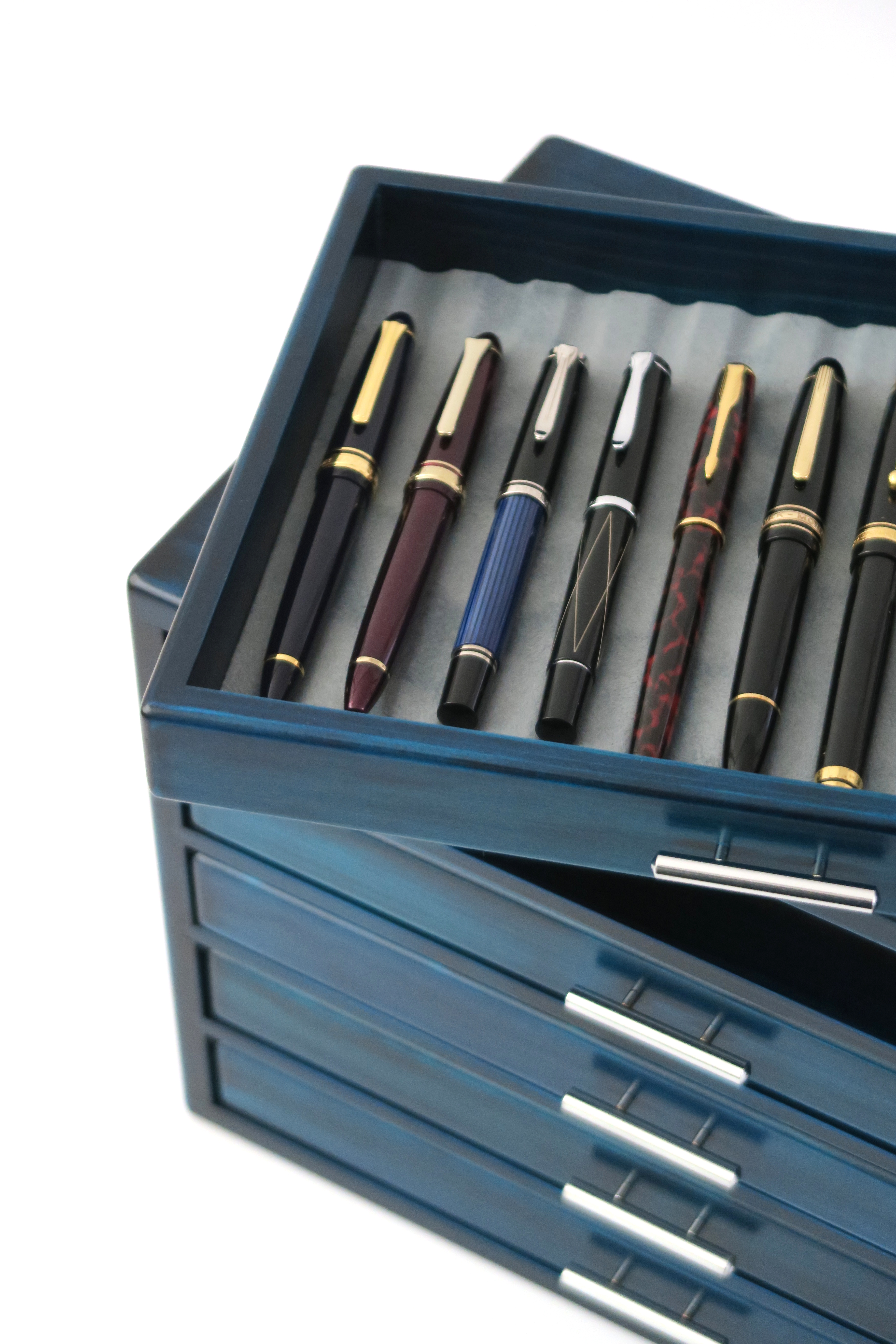 万年筆箱60ヒノキブルー [筆記具,60本入れ,ペン皿,引出し,5段]