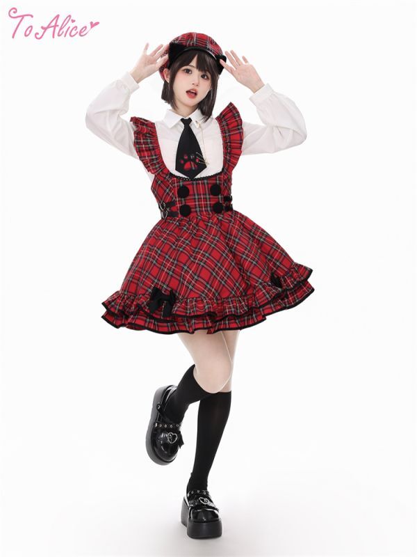 Last one】【ToAlice】ベルトデザインチェックジャンパースカート【50