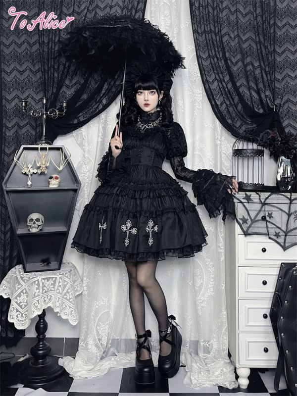 BlackShamrock】F1ブラックコルセットクロス刺繍ドレス - To Alice