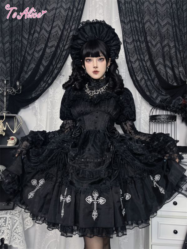 BlackShamrock】F1ブラックコルセットクロス刺繍ドレス - To Alice