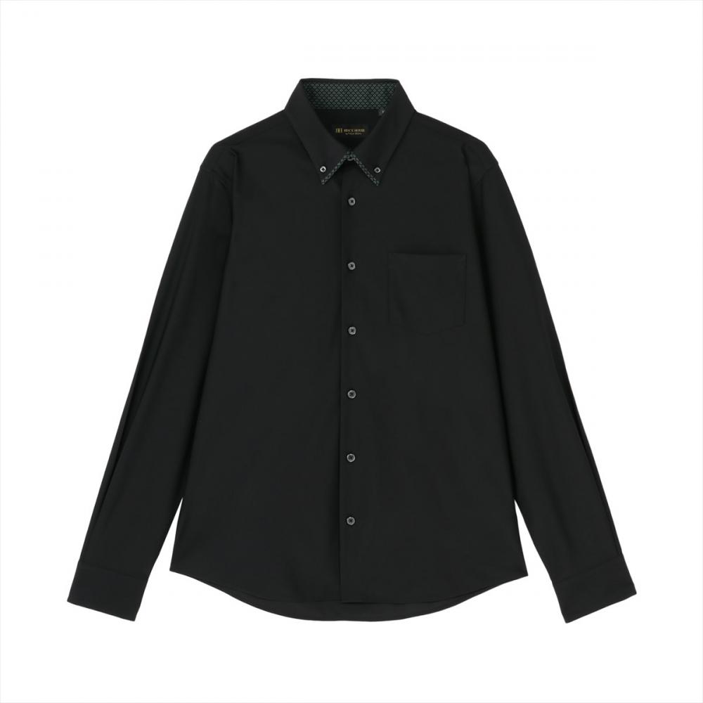 デザインカジュアルシャツ ボタンダウン 長袖 メンズ(S ブラック