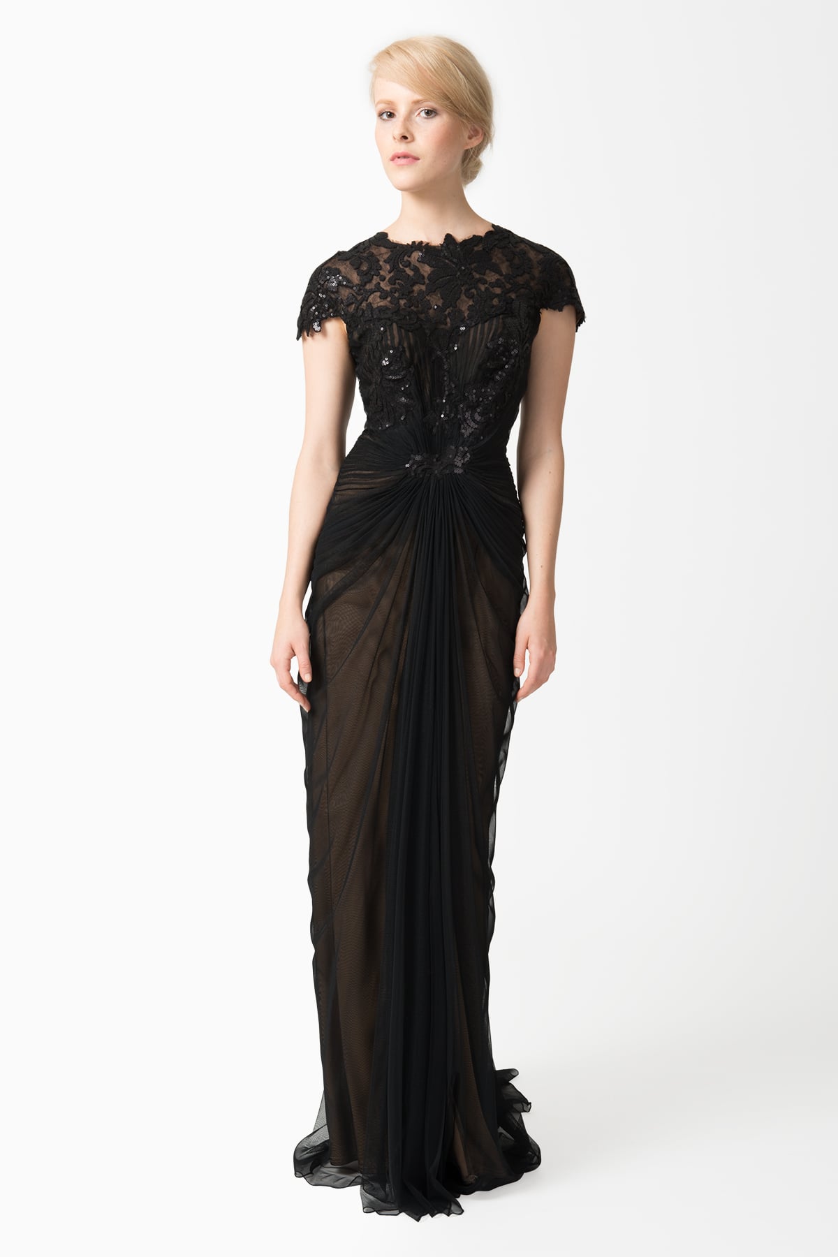Paillette Lace and Tulle Gown in Black / Nude | Tadashi Shoji