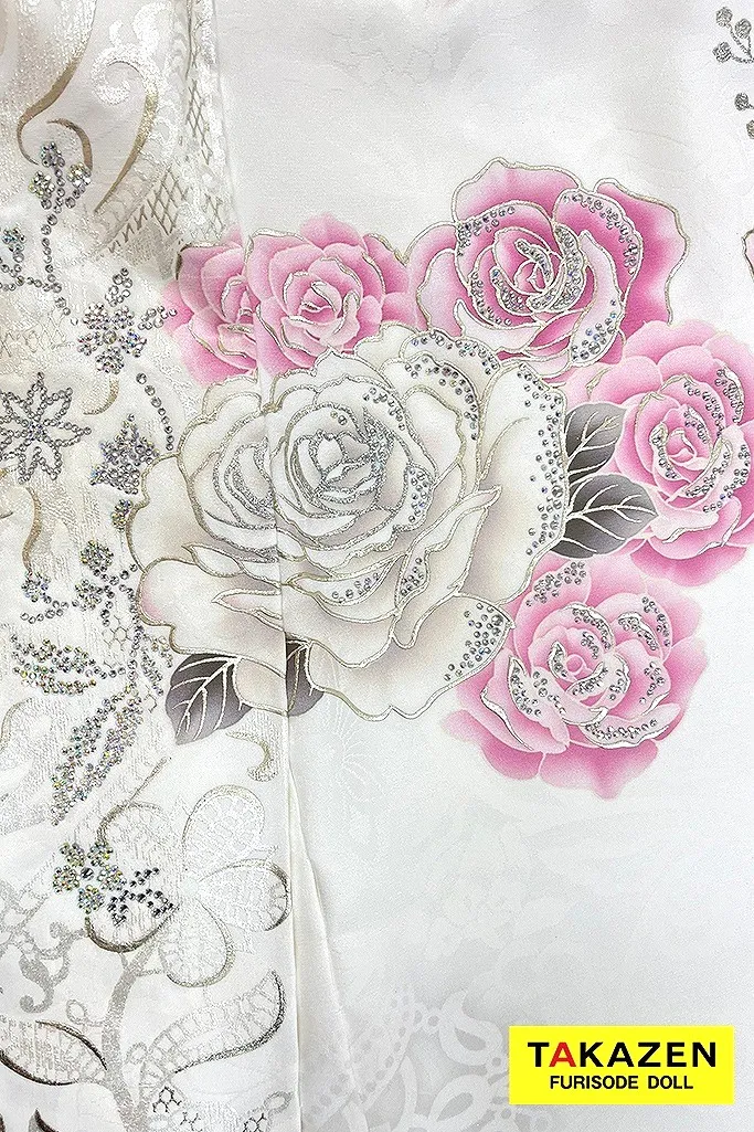 ヘップバーンローズ 白/ピンク バラ柄/リボン柄 かわいい振袖 透明感