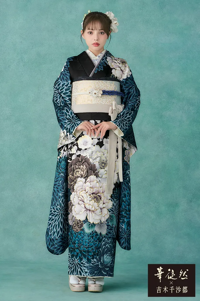 九重×中村里砂 からし色/ベージュ/クリーム 菊柄 大人っぽい