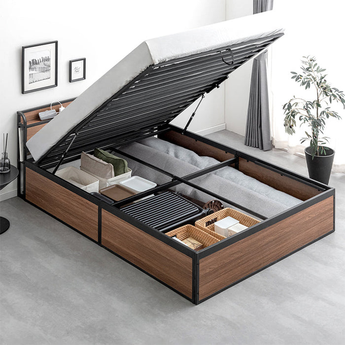 セミダブル］跳ね上げ収納ベッド マットレスセット ポケットコイル 大