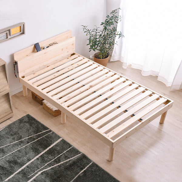 シングル] 総ひのき 宮付き すのこベッド スマホスタンド 2口