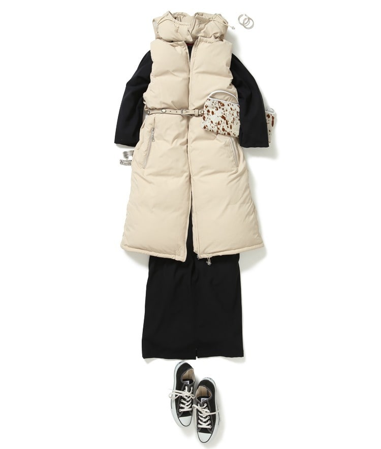 mikomoriコラボ ロングダウンベスト×バックシャーリングウール