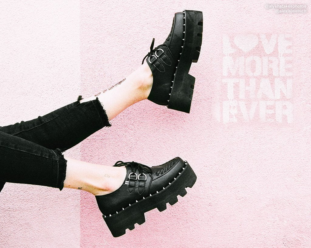 Black Faux Leather Dino Lug Sole Platform Creepers