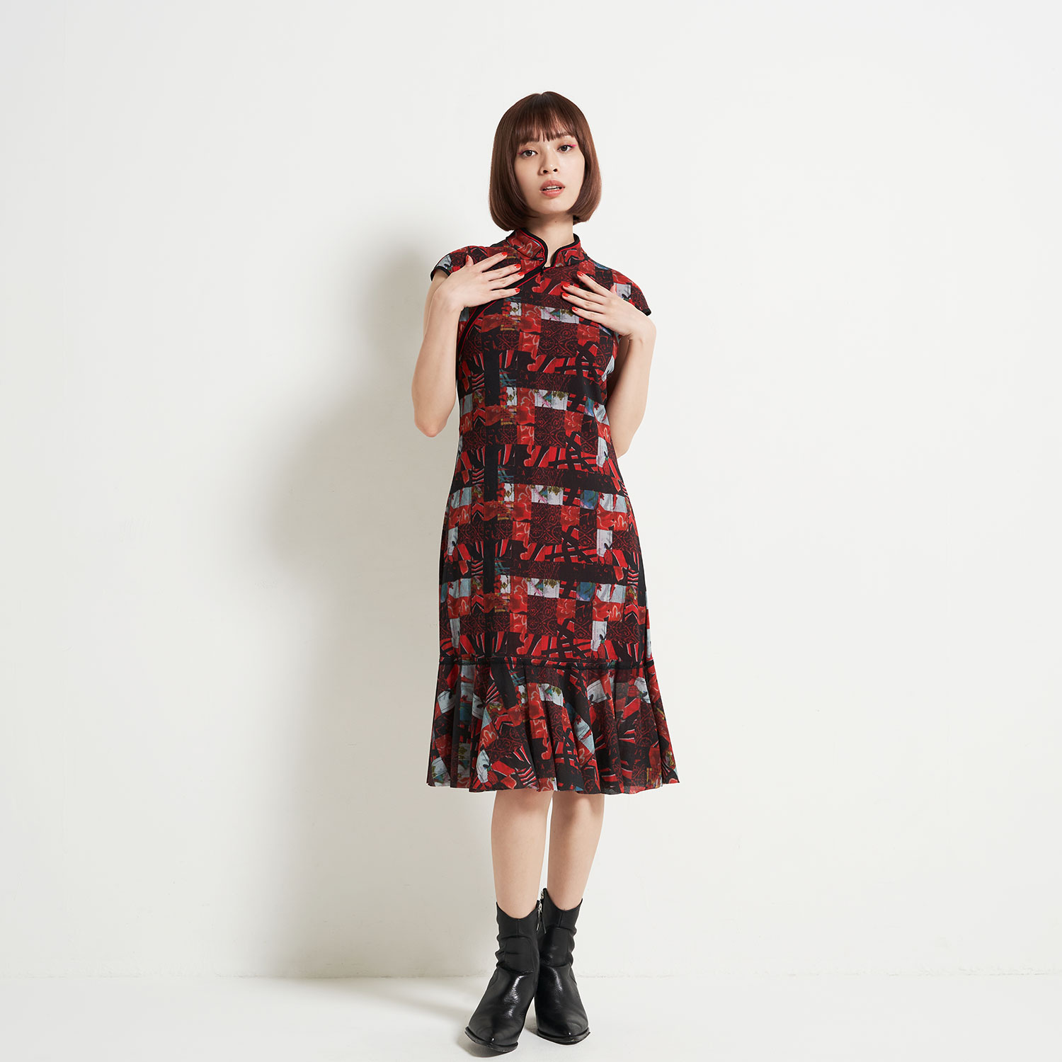 PATCHWORK WEAVE PRINT STRETCH NET ドレス｜VIVIENNE TAM