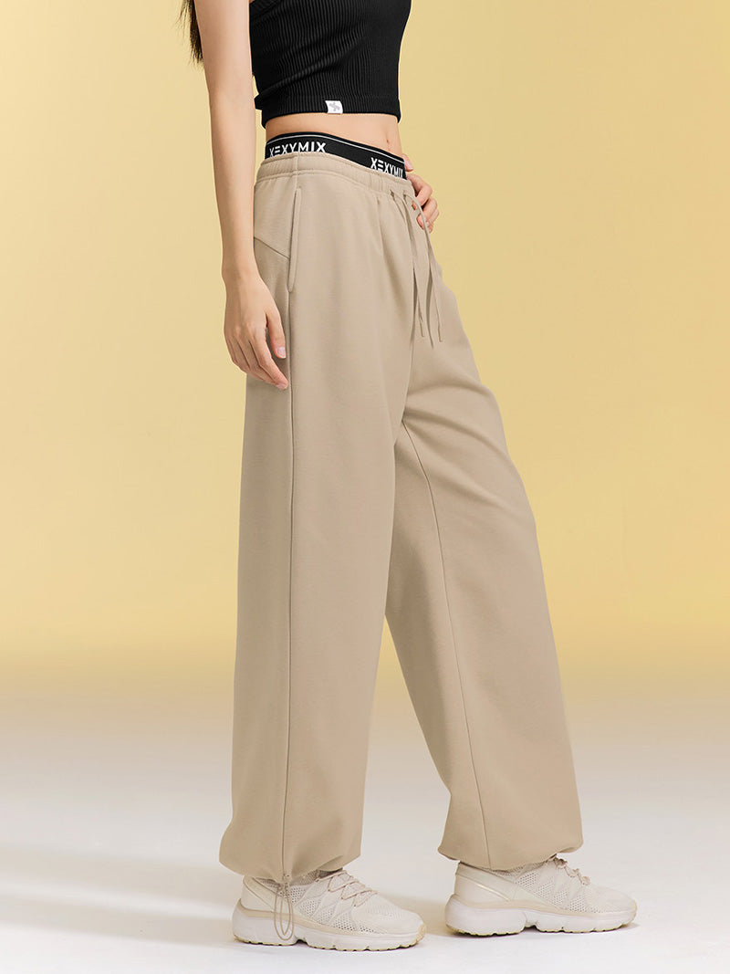 裏起毛 ロゴ入りバンド レイヤード風 ワイドパンツ