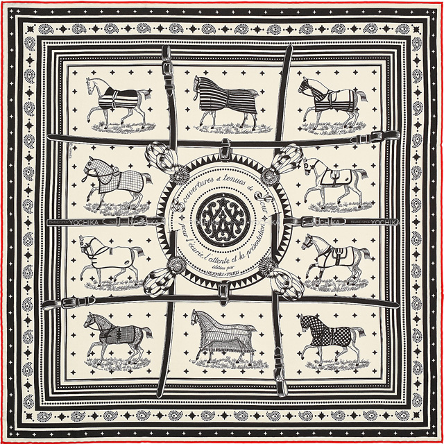 HERMES エルメス スカーフ バンダナ カレ55 馬着 クリーム/黒
