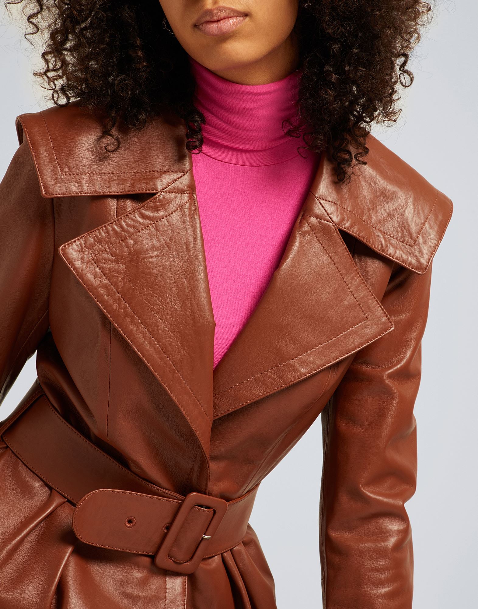 LEATHER FULL-SKIRT TRENCH COAT | レザーブルゾン ブラウン