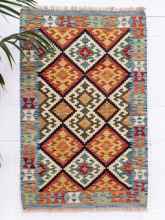 Afghan Vegetable Dyed Kilim Rug 83x127cm With Blue Border