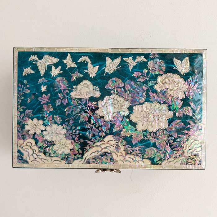 螺鈿の高級ジュエリーボックス 牡丹ブルー 大容量2段スライド収納