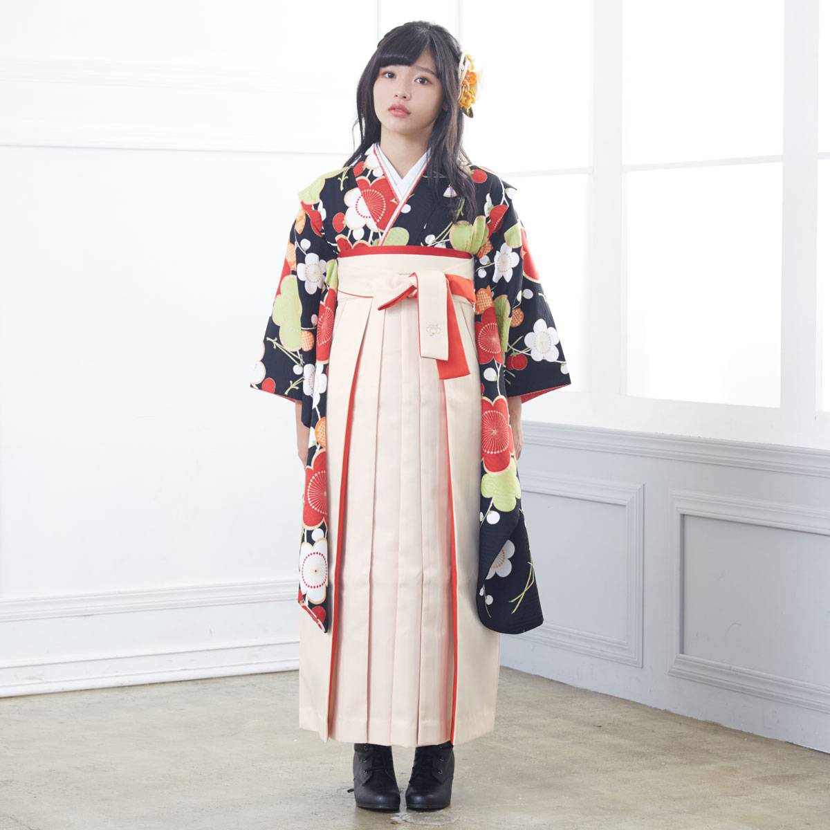 小学生袴:A033 九重 黒 紅白梅│ 袴レンタル │ 京都着物レンタル夢館