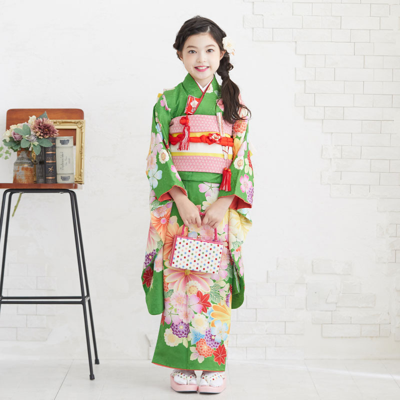 七五三七歳四つ身：N034 紅一点 緑 菊に桜楓 | 七五三着物レンタル