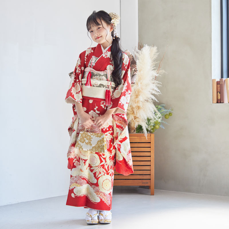 七五三七歳四つ身：N108 紅一点 【正絹】赤 松竹梅に鶴 | 七五三着物