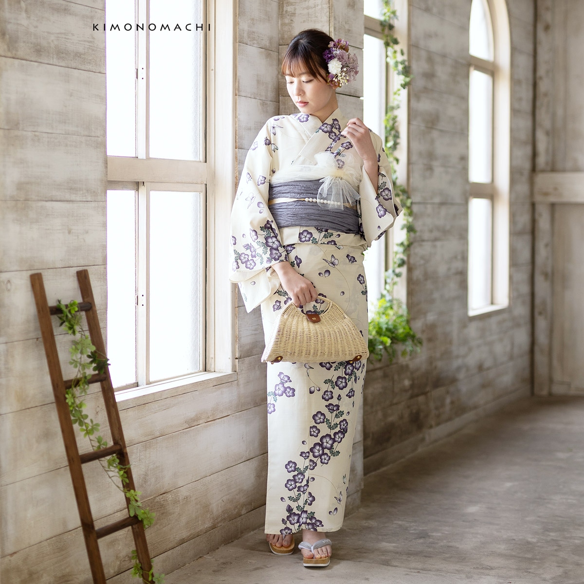 浴衣: YK102 きもの町 ベージュ ネモフィラ | 京都着物レンタル夢館