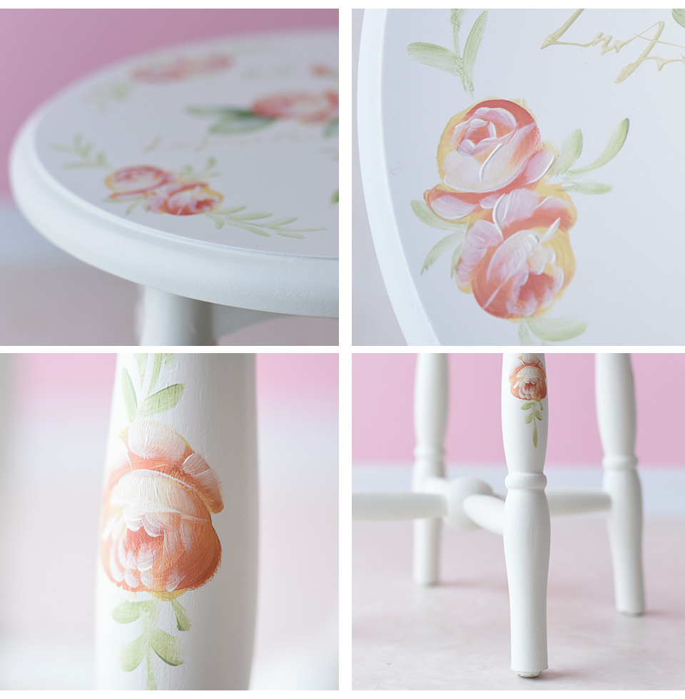 ハンドペイント 薔薇のスツール フレンチホワイト｜姫系ローズ家具