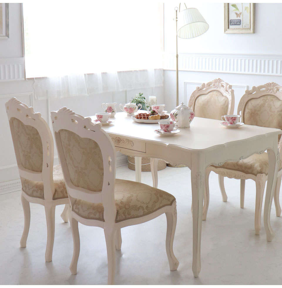 ダイニングテーブル 幅135cm 木製 猫脚 ホワイト ヨーロピアン 姫系