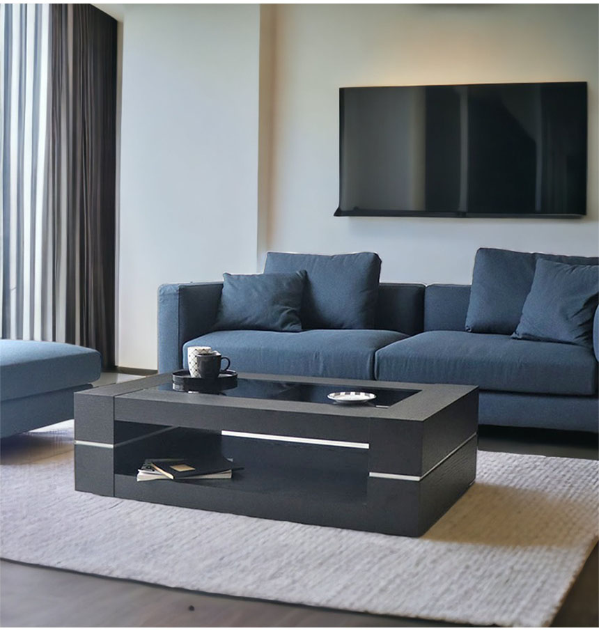 センターテーブル 幅120cm ブラック 木目×ガラス HOBANG｜モダン家具