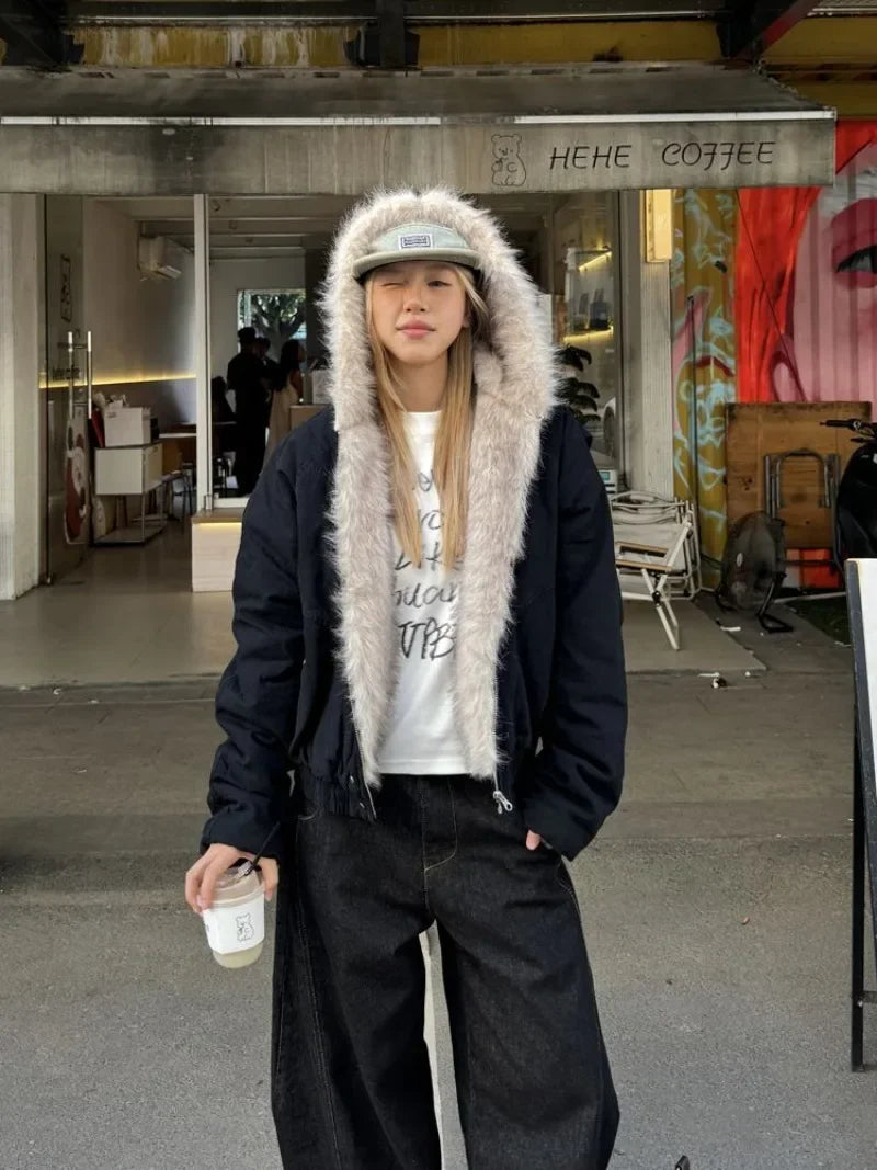 Y2K Faux Fur Outlined Hooded Zip Up Jacket Coat