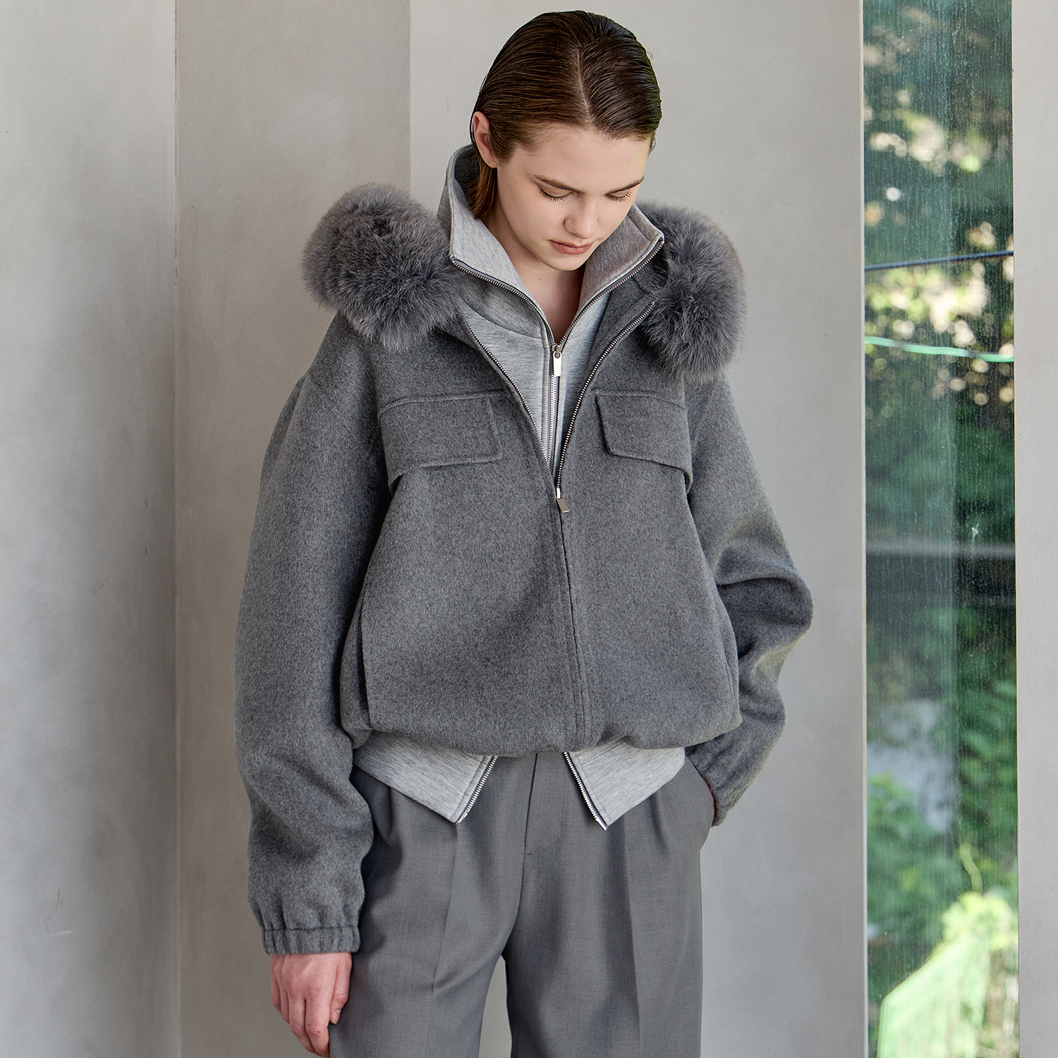 ウールカシミヤフードコート (黒)YONFA yonfa ウールカシミヤフード