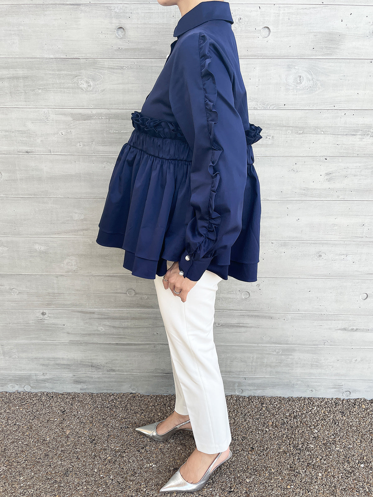 Peplum Frill Blouse Navy / ペプラムフリルブラウス ネイビー – youa
