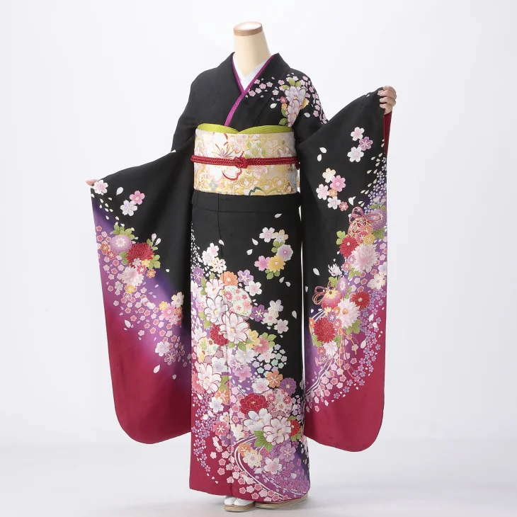 f8025029r】【黒系】振袖 レンタル フルセット LLサイズ ほぼ新品 成人