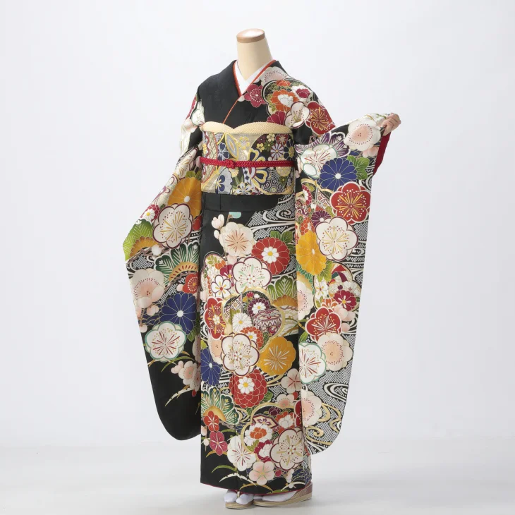 f0524530r2】【黒系】振袖 レンタル フルセット Lサイズ 成人式 着物