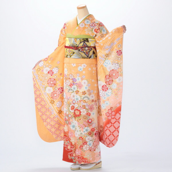f0520296r】【ピンク・オレンジ系】振袖 レンタル フルセット Lサイズ