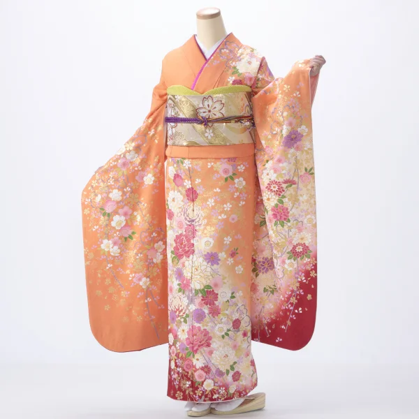 f0520124r2】【ピンク・オレンジ系】振袖 レンタル フルセット Lサイズ