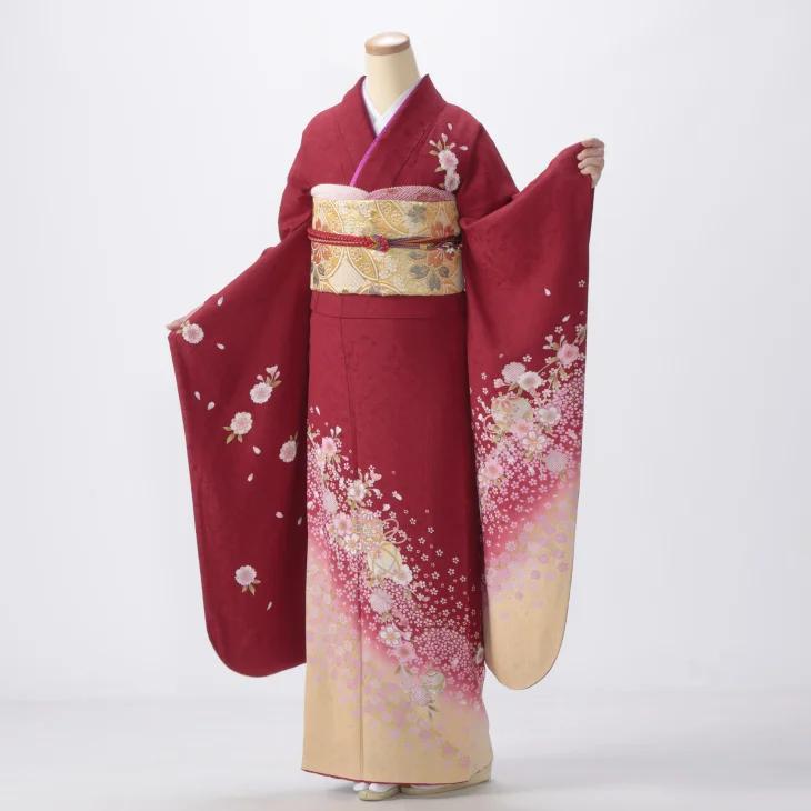 f0308062r2】【赤・ワイン系】振袖 レンタル フルセット Lサイズ