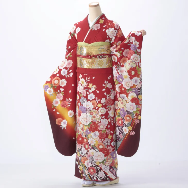 f0319109r】【赤・ワイン系】振袖 レンタル フルセット Mサイズ 【状態