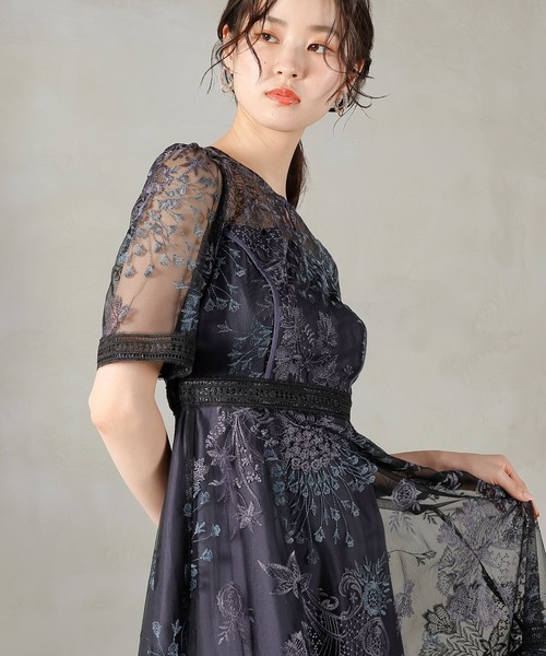 Kana ドレス シック フラワー刺繍 ラダーレース フレア パーティー