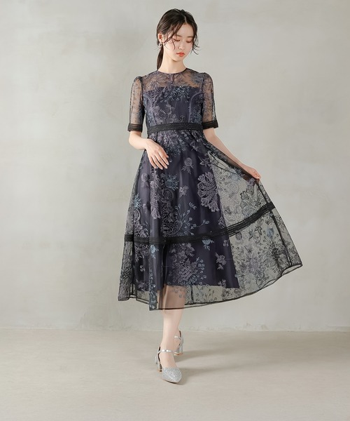 Kana ドレス シック フラワー刺繍 ラダーレース フレア パーティー