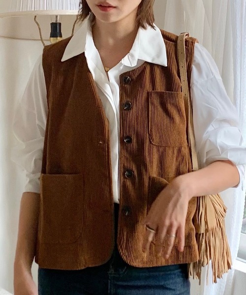 ベスト ジレ ポケット付きコーデュロイベスト レディース : ZOZOTOWN