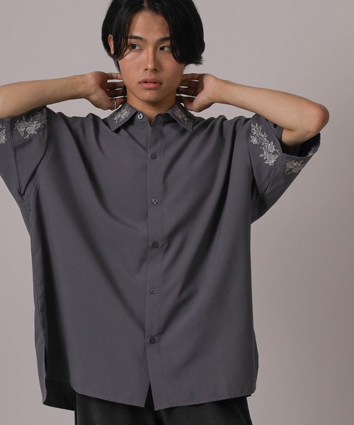 シャツ 「93-1」フラワー刺繍 オーバーサイズ ドレープ 半袖シャツ