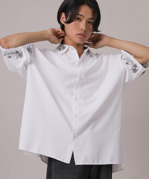 シャツ 「93-1」フラワー刺繍 オーバーサイズ ドレープ 半袖シャツ