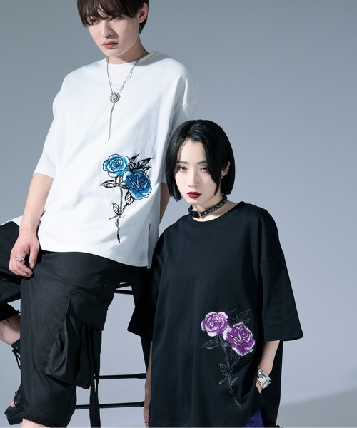 Ellno Loset（エルノロゼット） tシャツ サイドバラ刺繍Tシャツ メンズ