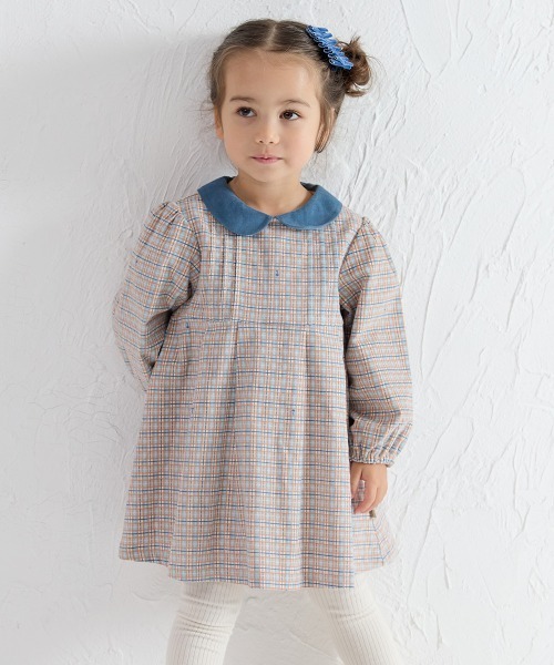 ワンピース チェック柄襟切替長袖ワンピース キッズ 子供服 女の子