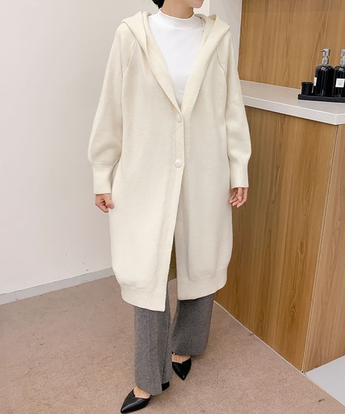 LOWO カーディガン フード付き ロング丈 ニット カーディガン