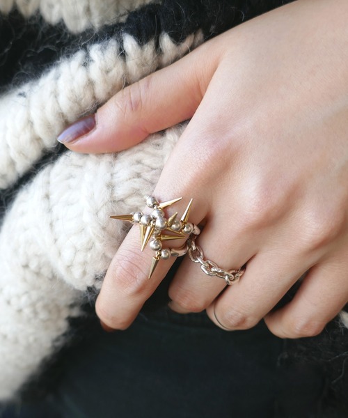 e.m.（イーエム） 指輪 リング スタッズ×ボールチェーン2連リング