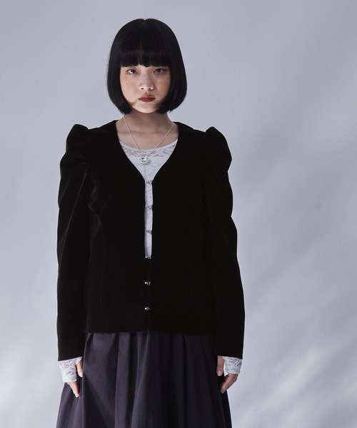 ELUNIS ジャケット ノーカラージャケット パフスリーブベロア