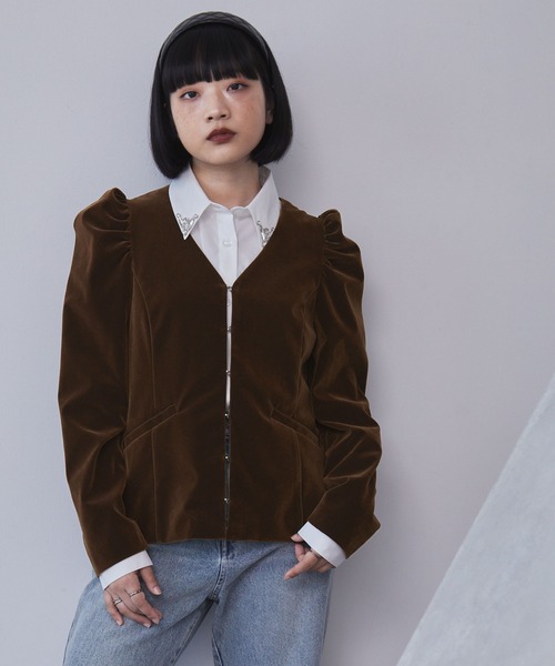 ELUNIS ジャケット ノーカラージャケット パフスリーブベロア