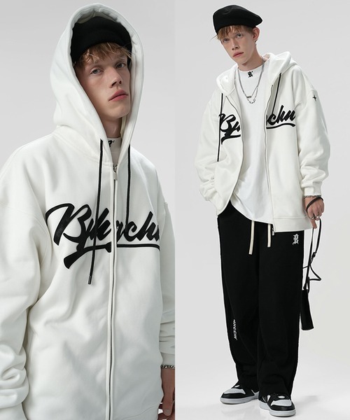 BJHG パーカー 「BJHG」裏地ボア ジップアップ ロゴ フーディ ビッグ