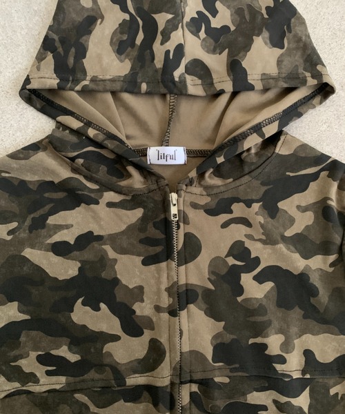 lilful パーカー 迷彩柄 ショート丈ダブルジップパーカー レディース