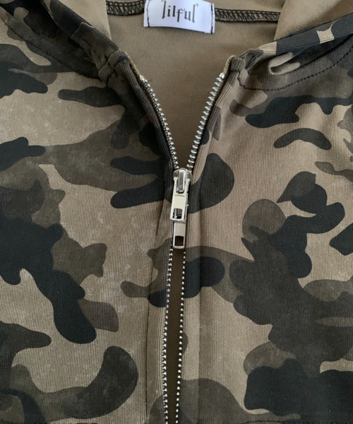 lilful パーカー 迷彩柄 ショート丈ダブルジップパーカー レディース