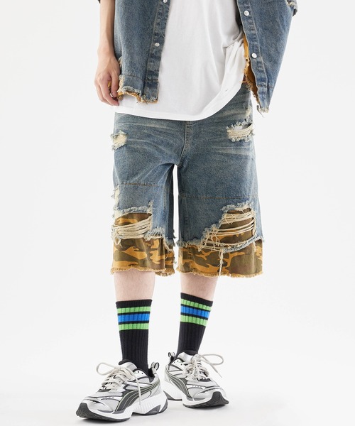 Theater code ジーンズ Damaged camouflage half denim pants/迷彩